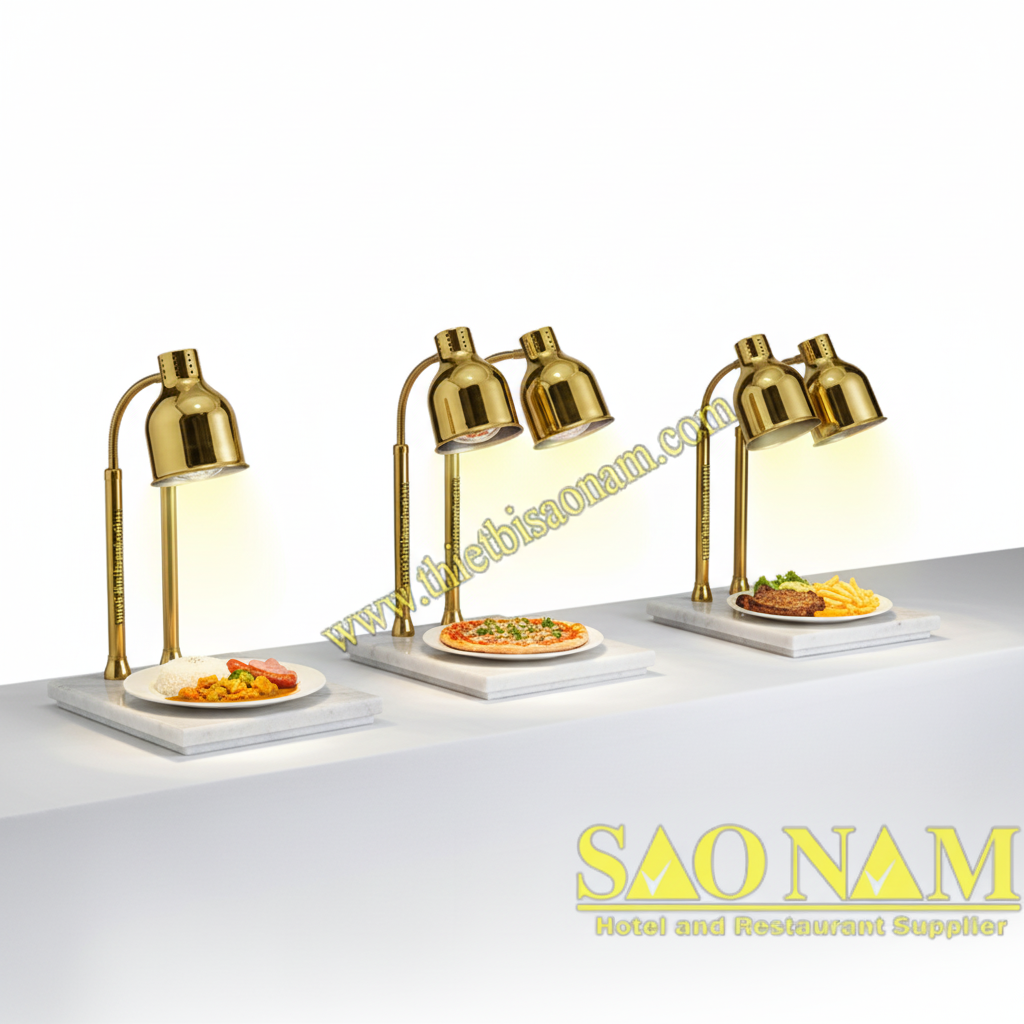 BỘ BA ĐÈN HÂM NÓNG THỨC ĂN INOX MẠ VÀNG ĐẾ ĐÁ TRẮNG SN#520812 – SN#520814 – SN#520813