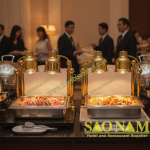 Bộ đôi đèn hâm nóng thức ăn inox mạ vàng 4 bóng mặt đá SN#520821 (mặt đá đen) và SN#520820 (mặt đá trắng)