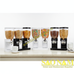 Bộ sưu tập bình đựng ngũ cốc tự động với bốn mã sản phẩm đa dạng: bình đơn đen SN#520618, bình đôi đen SN#520619, bình đơn trắng SN#520620 và bình đôi trắng SN#520621