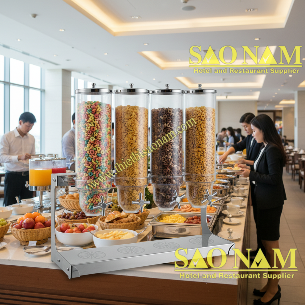 Bộ tứ bình đựng ngũ cốc inox Sacona với bốn phiên bản linh hoạt: 1 ngăn SN#520609, 2 ngăn SN#520610, 3 ngăn SN#520611 và 4 ngăn SN#520612