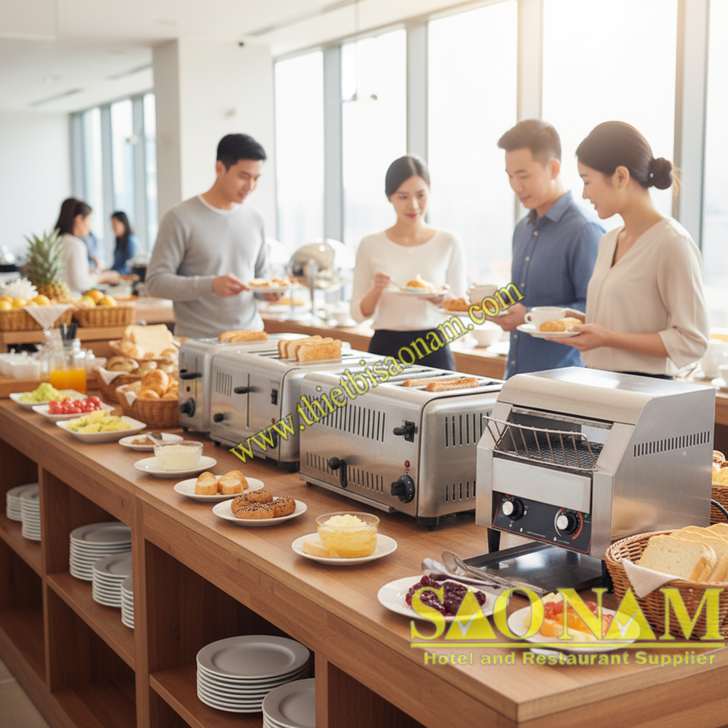 Bộ tứ máy nướng bánh mì chuyên nghiệp với hai dòng sản phẩm: máy nướng băng chuyền SN#520950, SN#520951 và máy nướng pop-up SNC520730, SN#520953
