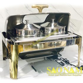 SN#520906 – Nồi hâm cháo soup hình chữ nhật nắp kính chân vàng
