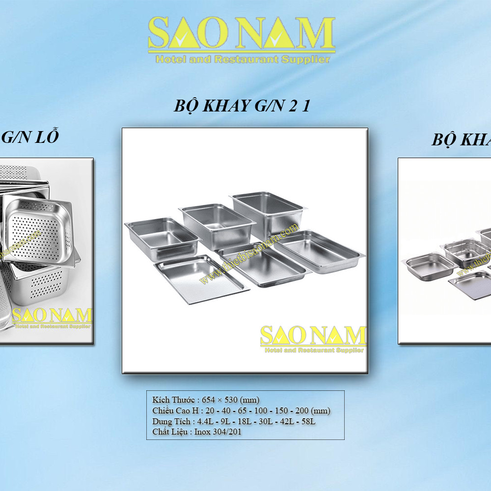 Bộ sưu tập khay GN 2/1 inox với hai dòng vật liệu 201 và 304, cùng nhiều độ sâu khác nhau (20, 40, 65, 100, 150, 200 mm)
