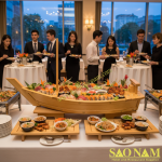 Thuyền gỗ trang trí buffet 