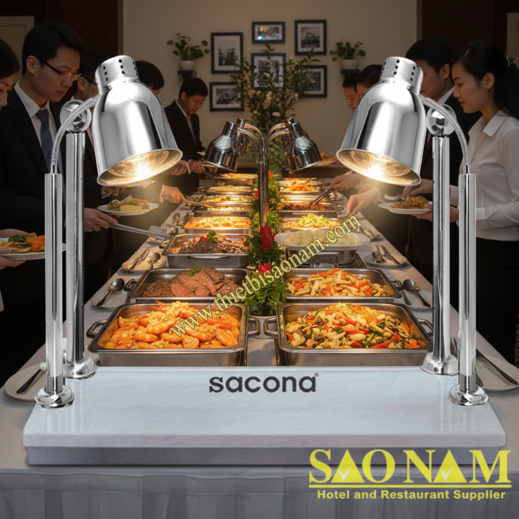 Đèn hâm inox trắng 2 bóng: Khi bàn tiệc cần vùng giữ nhiệt rộng hơn